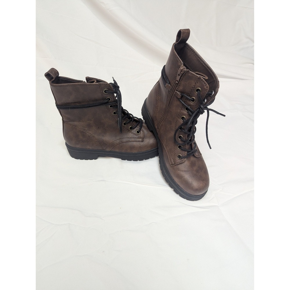 SO Combat Boots Womens 7.5 Dark Brown Lace Up Side Zip Distressed Lug Sole Moto